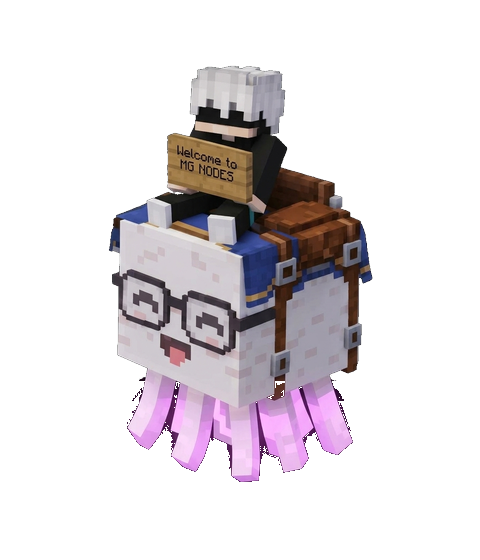 Minecraft Ghast flying through the sky with rider holding a wooden sign that reads Welcome to Zyrix Cloud